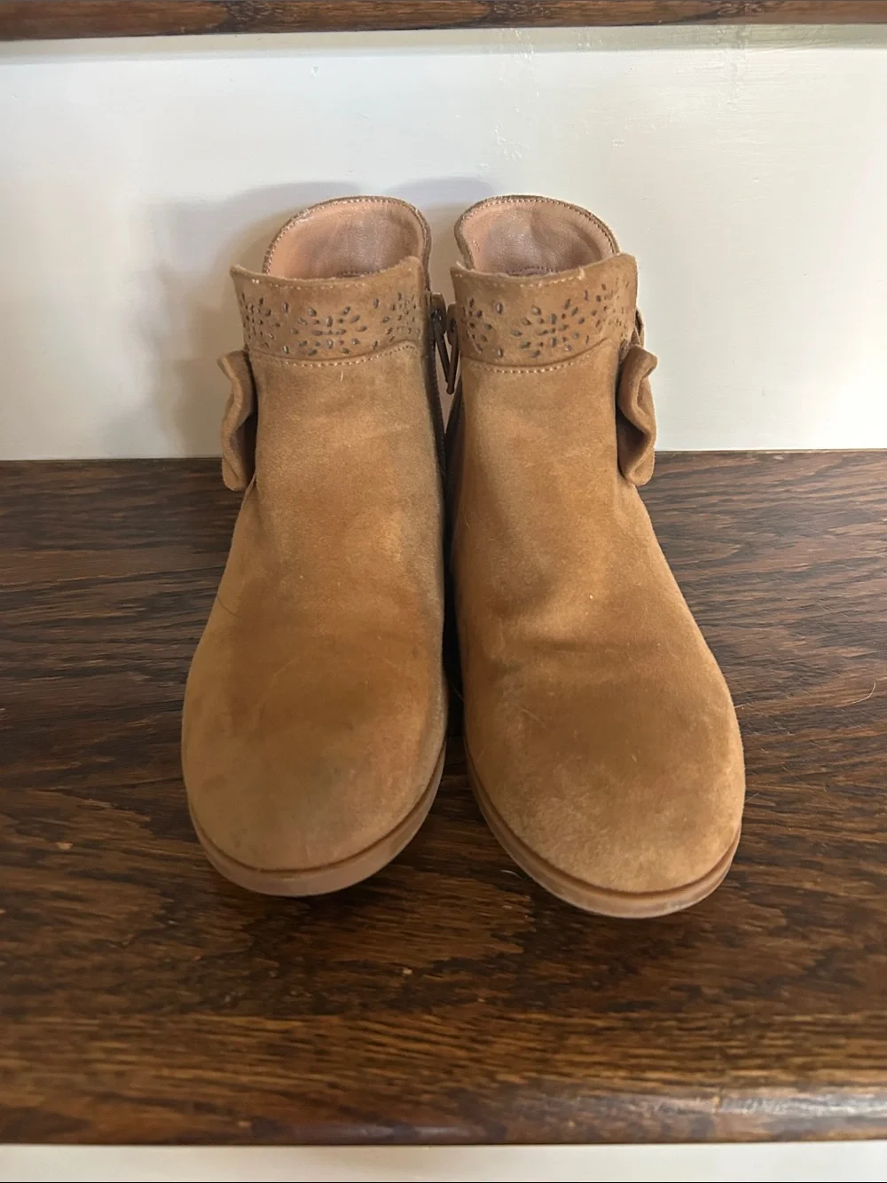 Girl’s Tan Suede Ankle Boots with Bow Accent